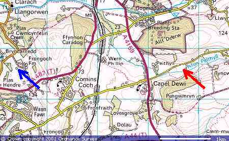 Map showing the location of the surface-wind tower at Frongoch